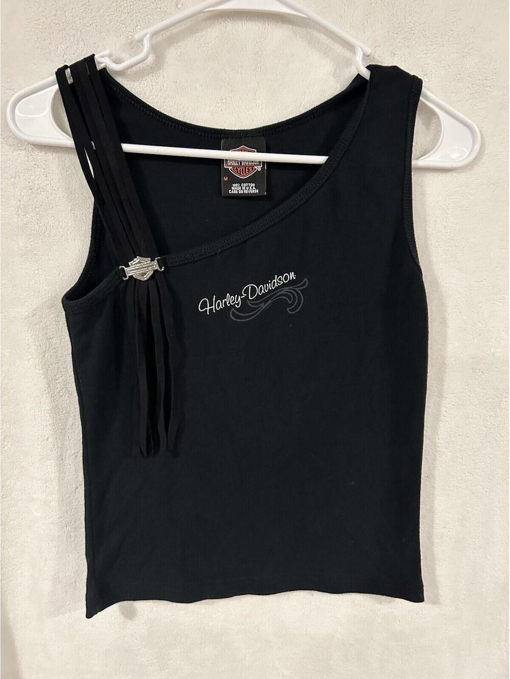 Vintage Y2K Harley Davidson Black Tank Top Silver Embroidery Buckle Detail Med